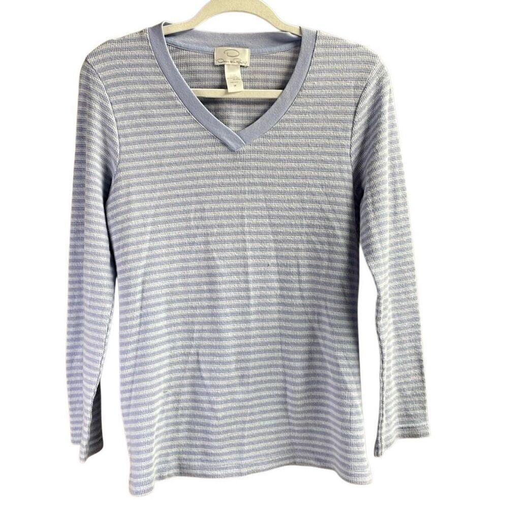 OSCAR DE LA RENTA Women’s Striped Pullover Thermal Knit Vneck Top Sz M Blue